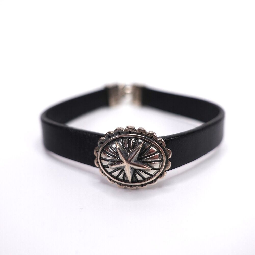 King Baby Star Concho Black Leather Bracelet With Hook Clasp .925 USA